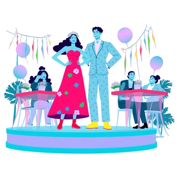 A cheerful wedding scene featuring a bride and groom in playful outfits. The bride has a vibrant pink dress adorned with colorful floral patterns, and her hair is styled in loose waves, complemented by a floral crown. The groom wears a light blue suit with polka dots, paired with bright yellow shoes. They stand on a decorative outdoor stage filled with quirky decor, including oversized balloons in various shapes, whimsical centerpieces on tables, and colorful streamers hanging from nearby trees. The atmosphere is lively, with guests in the background laughing and enjoying the celebration.