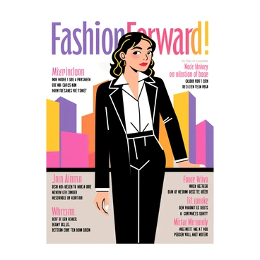 A glamorous fashion magazine cover featuring a model striking a confident pose. The model wears a stylish, modern outfit that includes a sleek black blazer paired with a fitted white blouse and high-waisted trousers. Her hair is styled in loose waves, adding to the chic look. The background showcases a vibrant city skyline, enhancing the urban vibe of the cover. Bold, eye-catching text at the top of the magazine reads "Fashion Forward," and additional headlines are presented along the sides with elegant fonts.