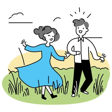 A couple is dancing in a field of tall grass, surrounded by lush green blades swaying gently in the evening breeze. The man is wearing a white shirt and black pants, while the woman is dressed in a flowing blue dress that billows around her as she twirls. The sky is filled with shades of orange and purple, indicating dusk, with soft clouds scattered across the horizon. The couple is close together, their faces reflecting joy and connection as they move gracefully amidst the serene setting.