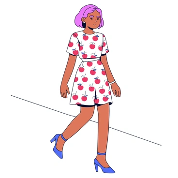 A fashion model walks confidently down a runway. She is wearing a dress that features a vibrant pattern of red cherries against a white background. The dress has a fitted bodice and a flared skirt that moves gracefully as she strides. Her hair is styled elegantly, and she wears stylish high-heeled shoes that complement her outfit. The runway is bright and well-lit, emphasizing the model and her attire.