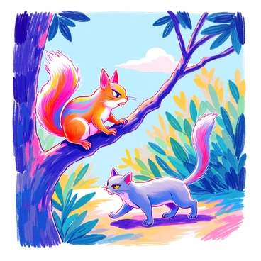 A cartoon squirrel with a bushy tail and an angry expression is perched on a tree branch. Its fur is a mix of light and dark brown, and its small beady eyes are narrowed in frustration. The squirrel is chattering loudly, showcasing its sharp little teeth. Below, a passing cat with a sleek coat of gray fur is walking cautiously on the ground, glancing up at the squirrel. The cat's ears are perked up, and its eyes are wide, showing a mix of curiosity and caution. The scene is set among green leaves, with a clear blue sky in the background.