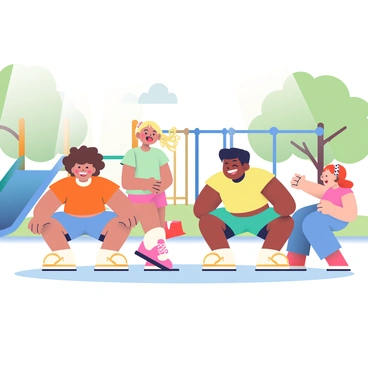 A group of four children is in a bright playground, attempting sumo squats together. Two boys, one with curly brown hair and the other with straight black hair, are joyfully squatting with their feet wide apart. The girl with braided blonde hair is laughing as she imitates their movements, while another girl with short red hair giggles nearby. They are surrounded by colorful playground equipment, including a blue slide and a green climbing frame. Sunlight filters through the leaves of tall trees, casting playful shadows on the ground. The atmosphere is filled with laughter and energy as the children enjoy their time together.