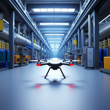 A drone equipped with advanced cameras and sensors is navigating through a vast industrial factory facility. The drone has a compact, streamlined design with propellers spinning, casting shadows on the concrete floor below. Various large machinery and equipment are visible, including towering metal structures and conveyor belts. The interior of the factory is illuminated with bright overhead lights, highlighting the intricate details of the manufacturing process. The drone is capturing images and data, showcasing its role in ensuring safety and efficiency within the industrial environment.