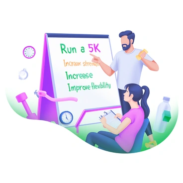 A modern pastel illustration depicting a fitness trainer standing next to a whiteboard. The whiteboard is filled with various fitness goals written in colorful markers, such as "Run a 5K," "Increase strength," and "Improve flexibility." The trainer is pointing at the board while looking encouragingly at the client, who is sitting nearby with a notepad and pen, taking notes. Additionally, there are fitness-related icons like dumbbells, a stopwatch, and a water bottle around the scene, enhancing the theme of goal-setting in fitness.