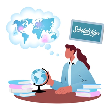 A student is sitting at a wooden desk, gazing thoughtfully at a globe. The globe is illuminated by a soft light, highlighting various countries and oceans in vibrant colors. The student is surrounded by books and notebooks, suggesting a study environment. A dream bubble appears above the student, filled with images of famous landmarks, such as the Eiffel Tower and the Great Wall of China, symbolizing future travel. In the background, a chalkboard displays the words “scholarships” in bold letters, emphasizing the theme of educational opportunities.