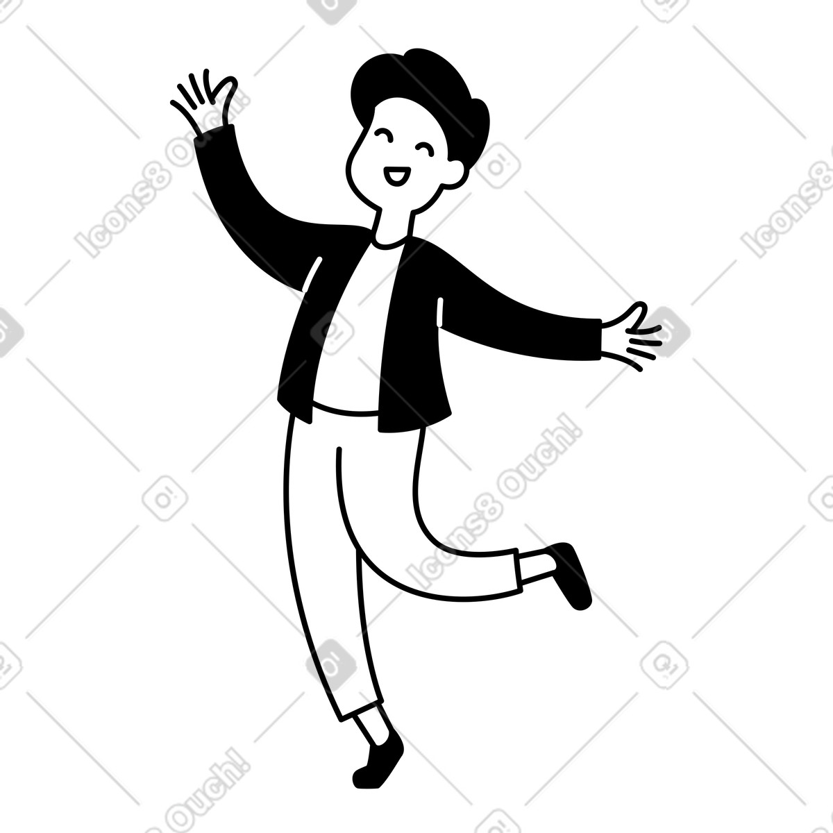 Ilustração de Character jumping joyfully with raised hands and wide smile em no estilo Notion Line Art para baixar em PNG, SVG