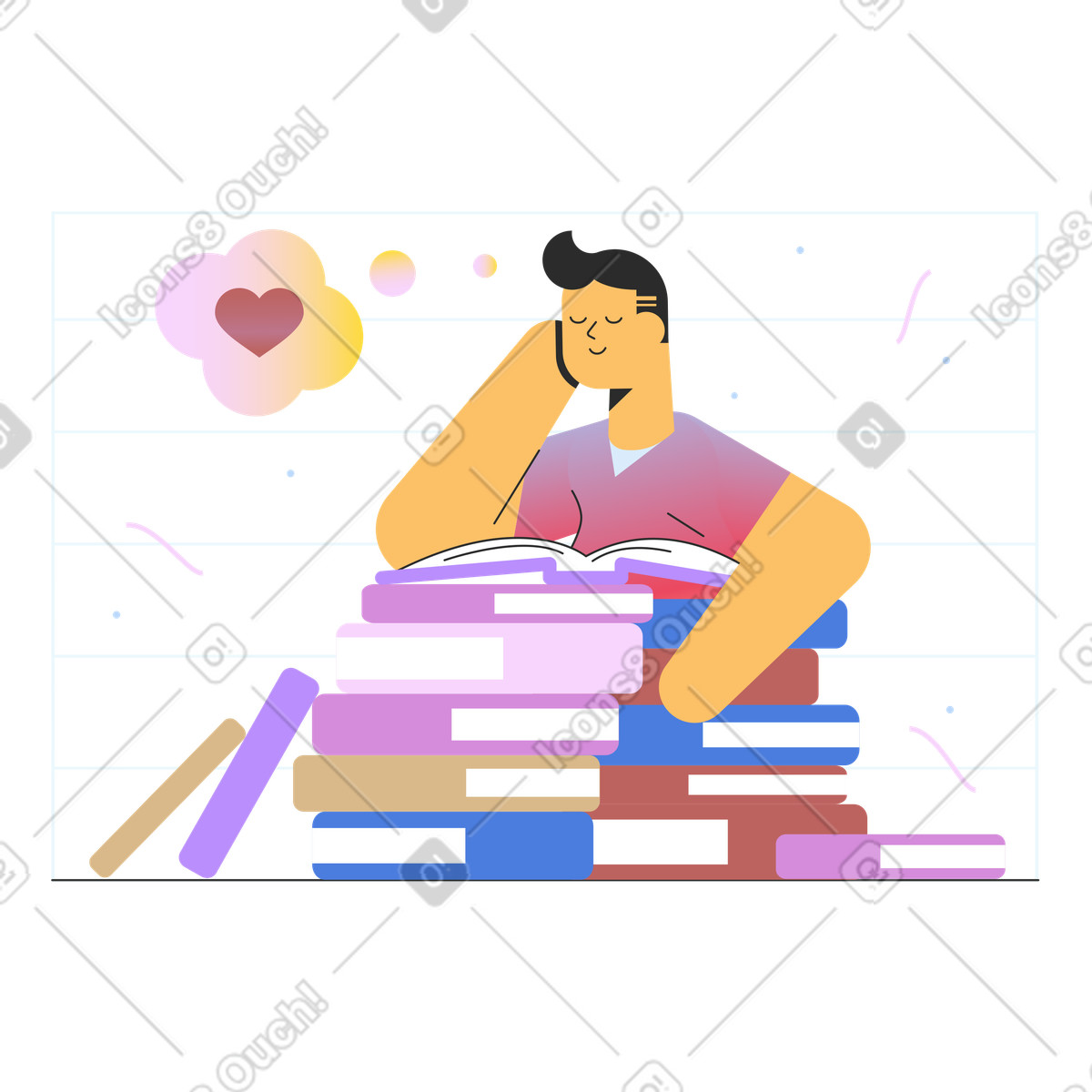 Junge, der auf stapel büchern träumt-Illustration im Marginalia-Stil als Download in PNG, SVG