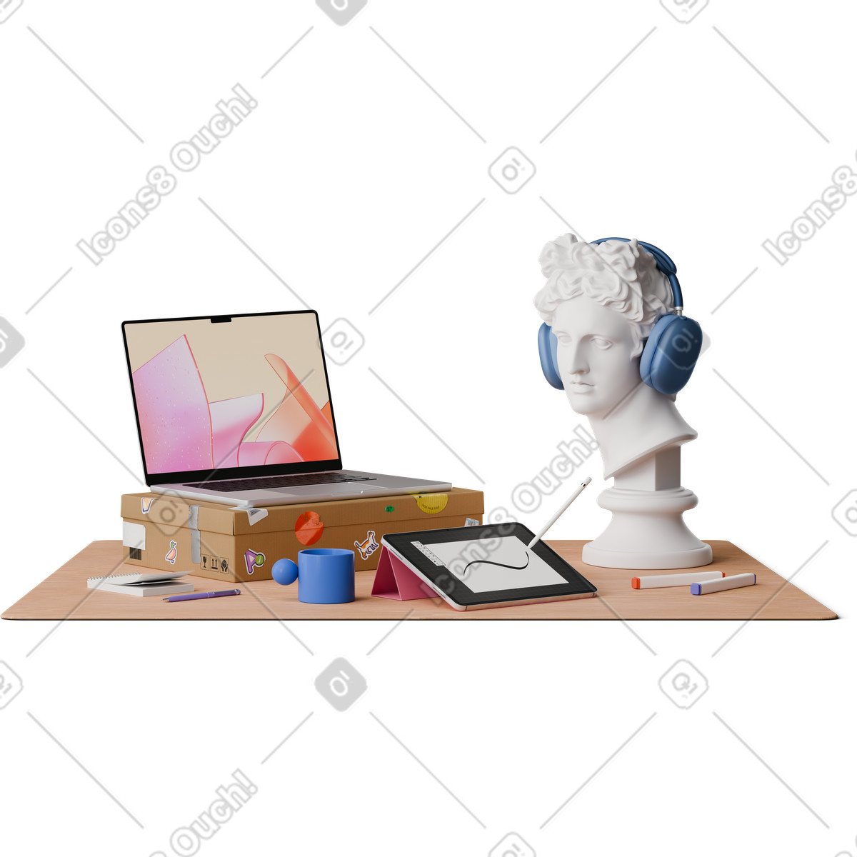 Illustration Front view of graphic designer desk with apollo head dans le style 3D Hygge à télécharger aux formats PNG, SVG