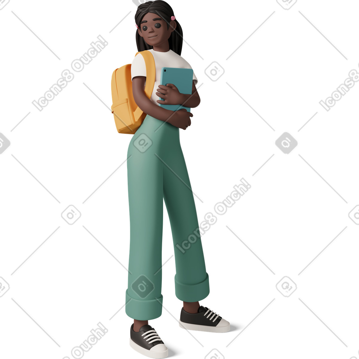 Black girl with backpack on the shoulder holding tablet illustration in PNG, SVG