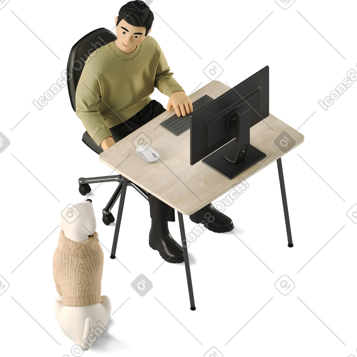 Young man at work desk with dog illustration Labrador clipart image in PNG SVG GIF