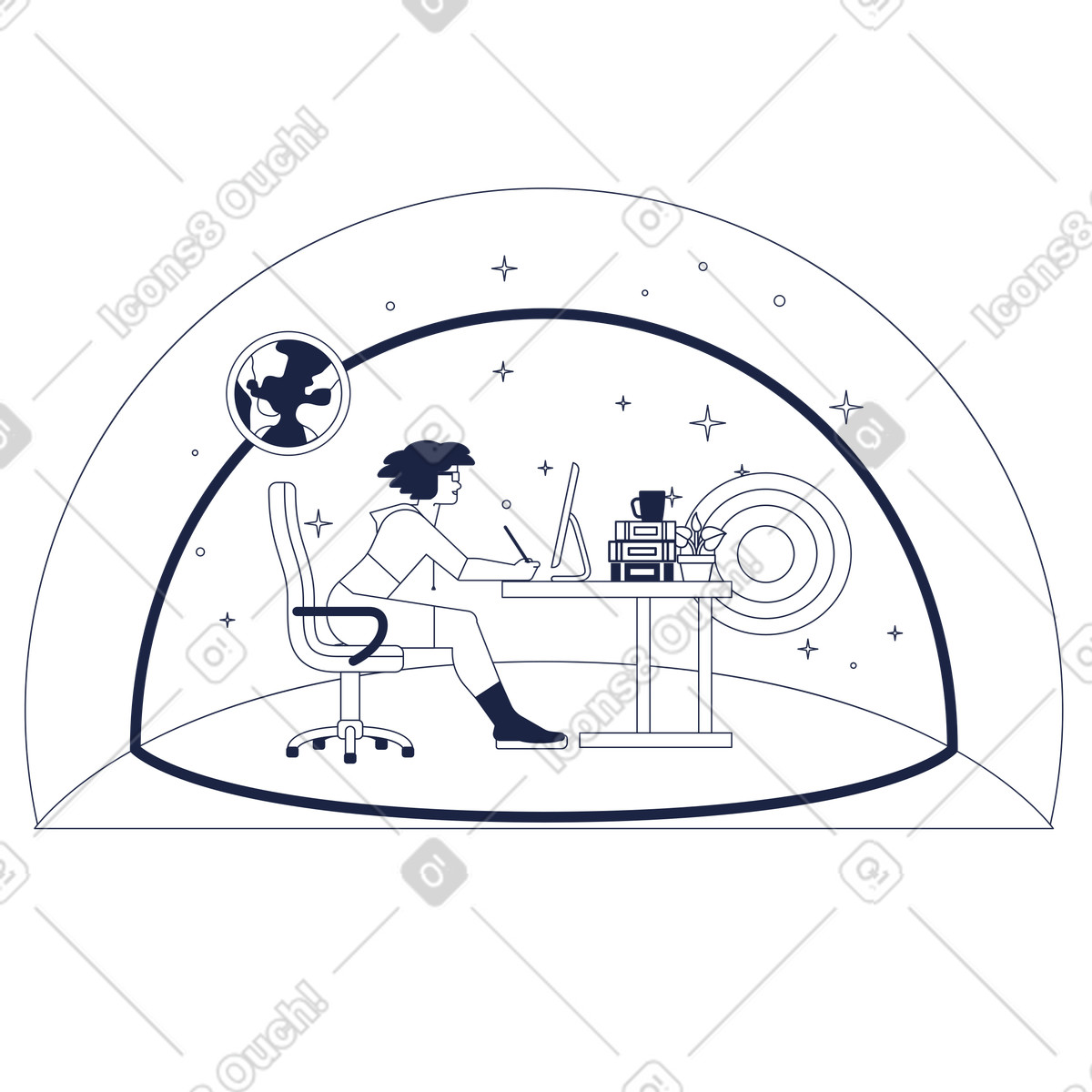 Remote worker using computer with stylus in space dome, Futuristic workstation animated illustration Urban Line style download GIF, Lottie (JSON), AE