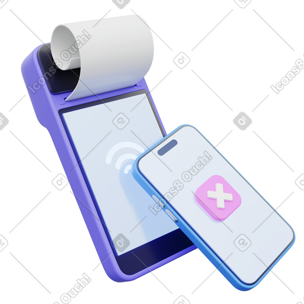POS terminal NFC decline, device with receipt pink cross smartphone, Wireless payment failed illustrazione in stile 3D Playful scarica in PNG, SVG