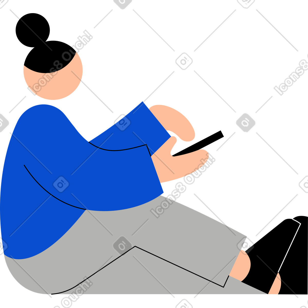 Ilustração animada de Jovem mulher sentada com um telefone nas mãos em no estilo Tiny para baixar em GIF, Lottie (JSON), AE