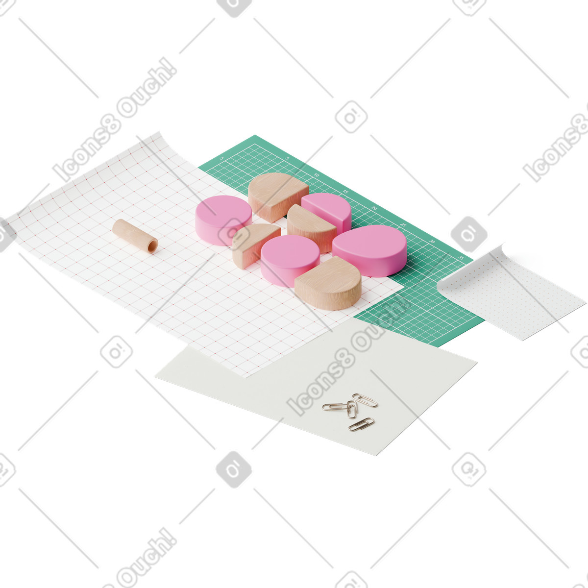 下载 3D Hygge 风格的 Isometric view of papers and geometric shapes 插画，支持 PNG、SVG 格式