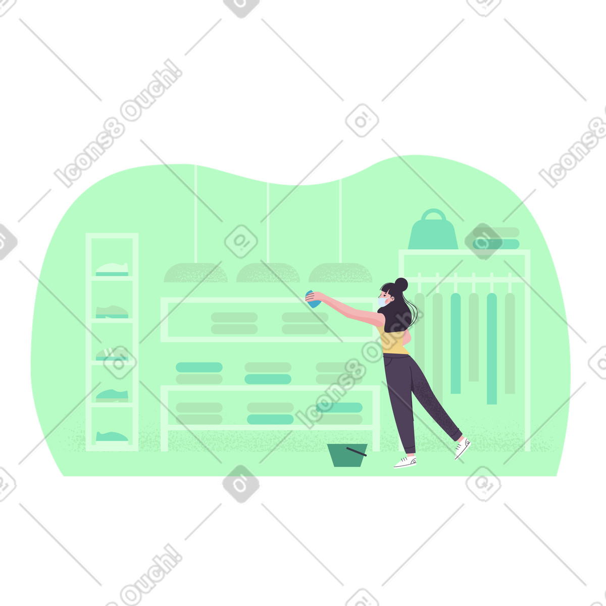 Woman cleaning a clothing store illustration in Pale style download in PNG, SVG