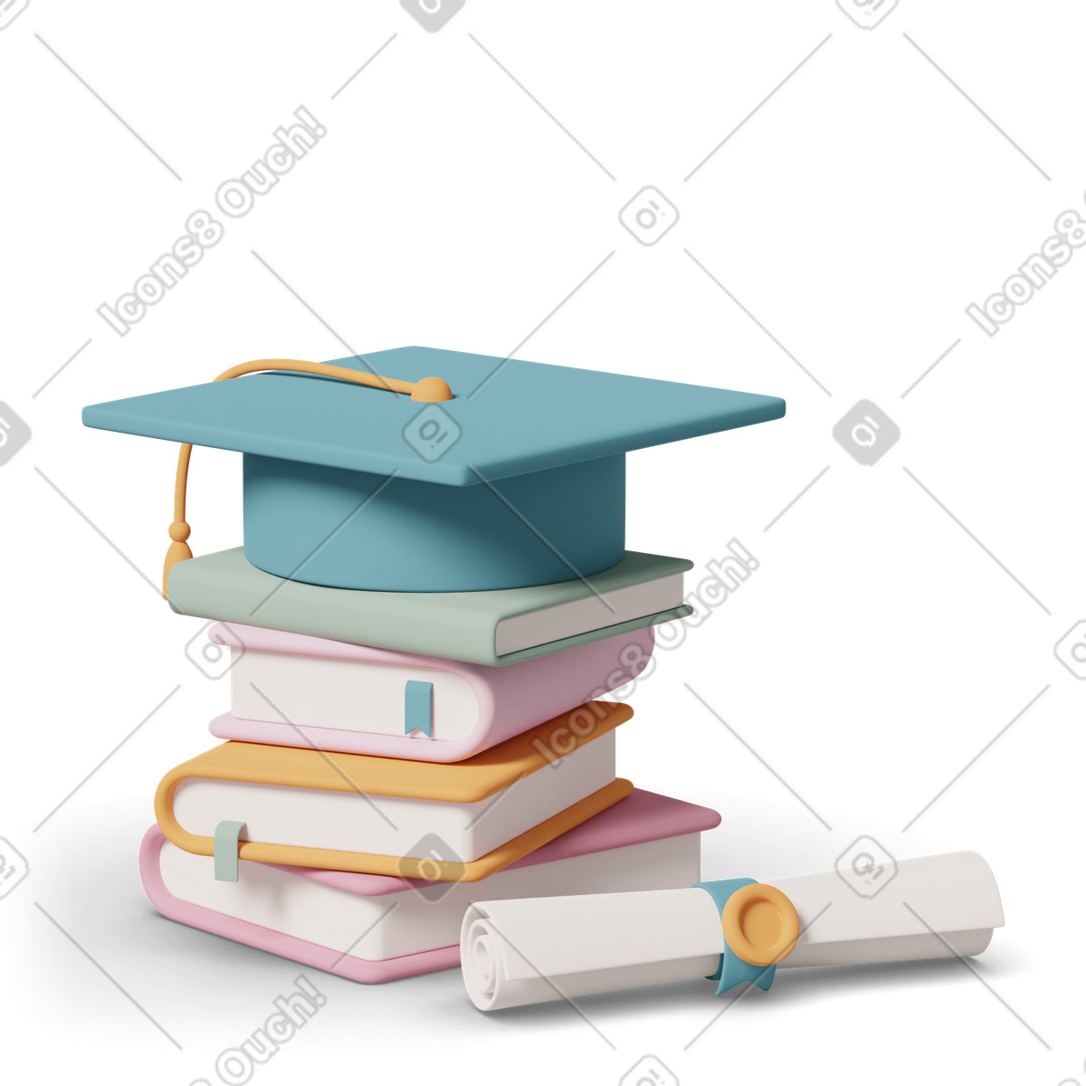 3D Casual life 스타일의 Books graduation hat and diploma scroll 일러스트레이션 PNG, SVG 다운로드