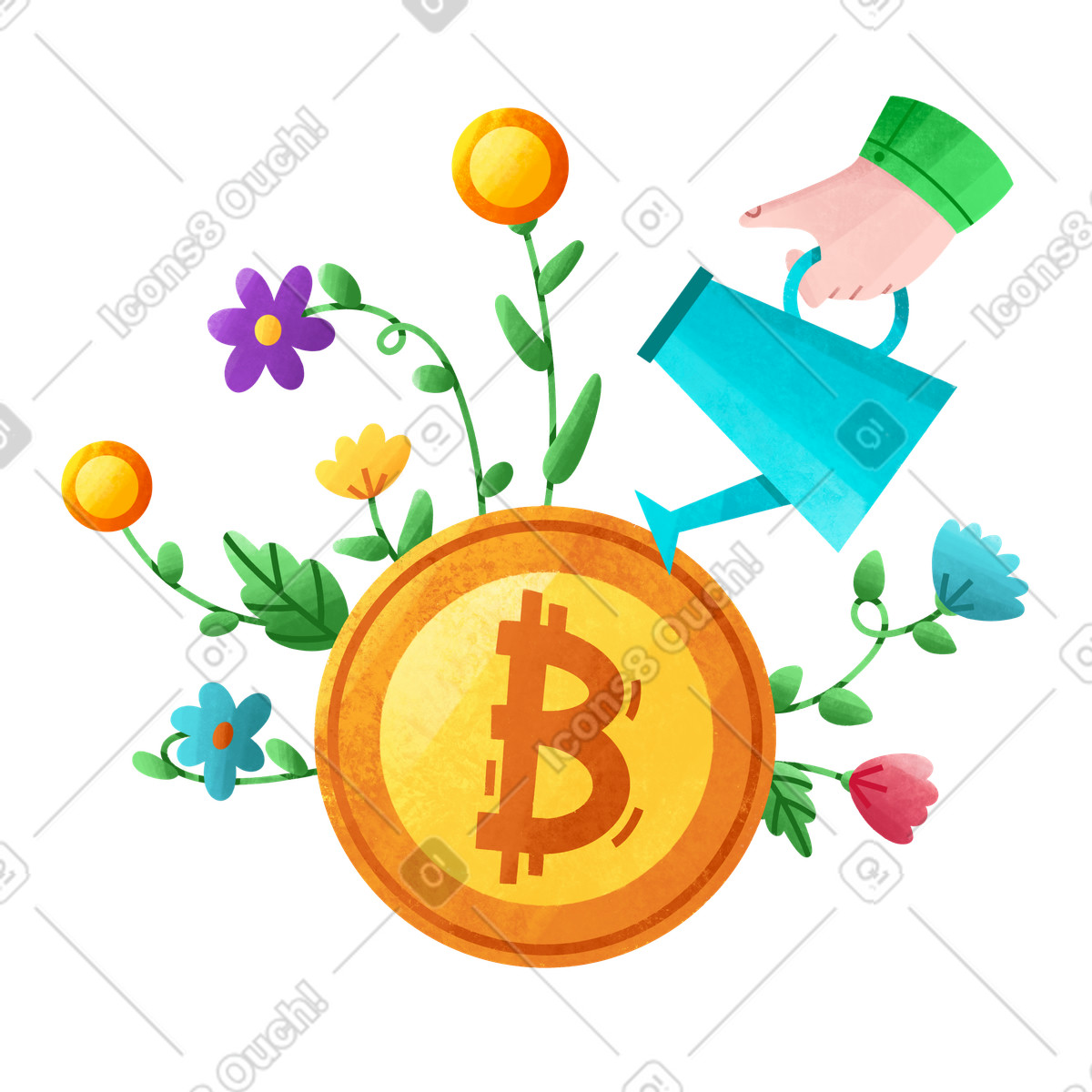Uomo d'affari che annaffia un albero con monete bitcoin illustrazione in stile Bonbon scarica in PNG, SVG
