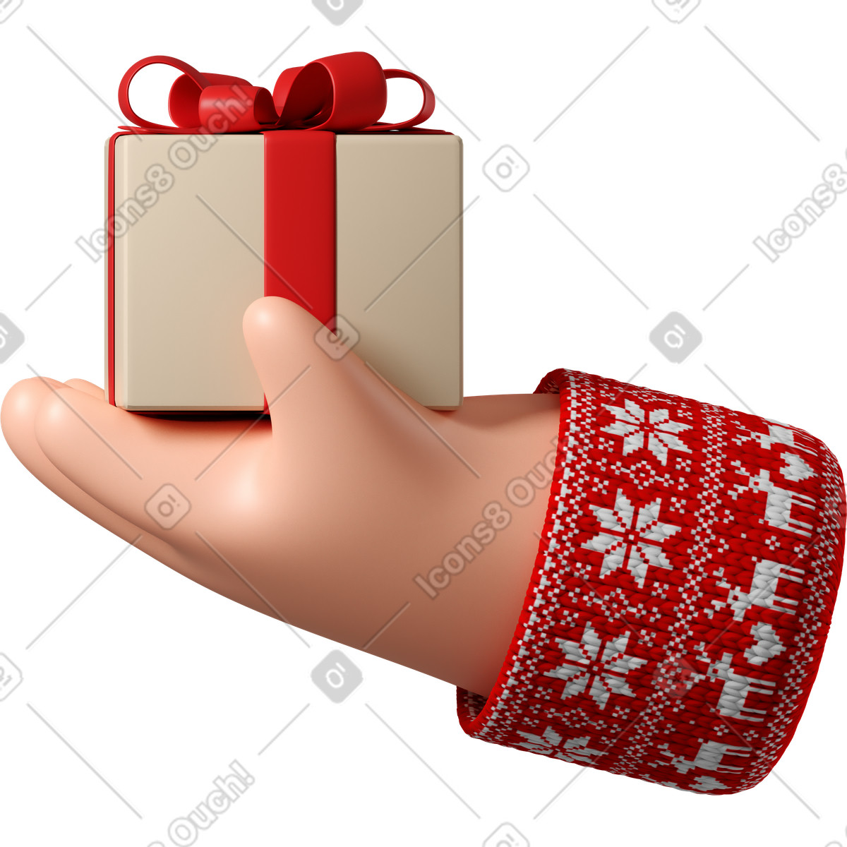 3D Hands Fun&Wild スタイルの ギフト用の箱を持ったクリスマス柄の赤いセーターを着た白い肌の手 のイラストをPNG、SVG形式でダウンロード