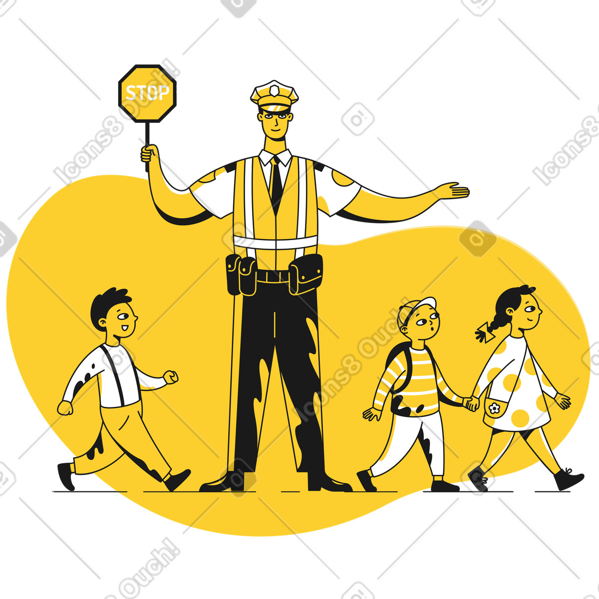 Bambini che vanno a scuola all'incrocio con la guardia stradale illustrazione in stile Taxi scarica in PNG, SVG
