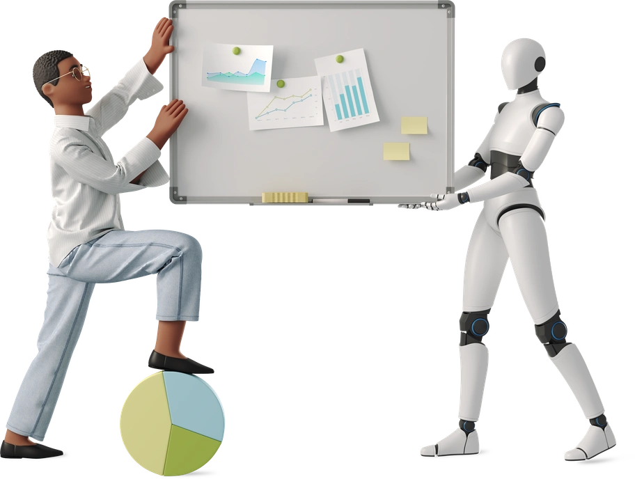 A person and a robot presenting data - 3D Business style illustration