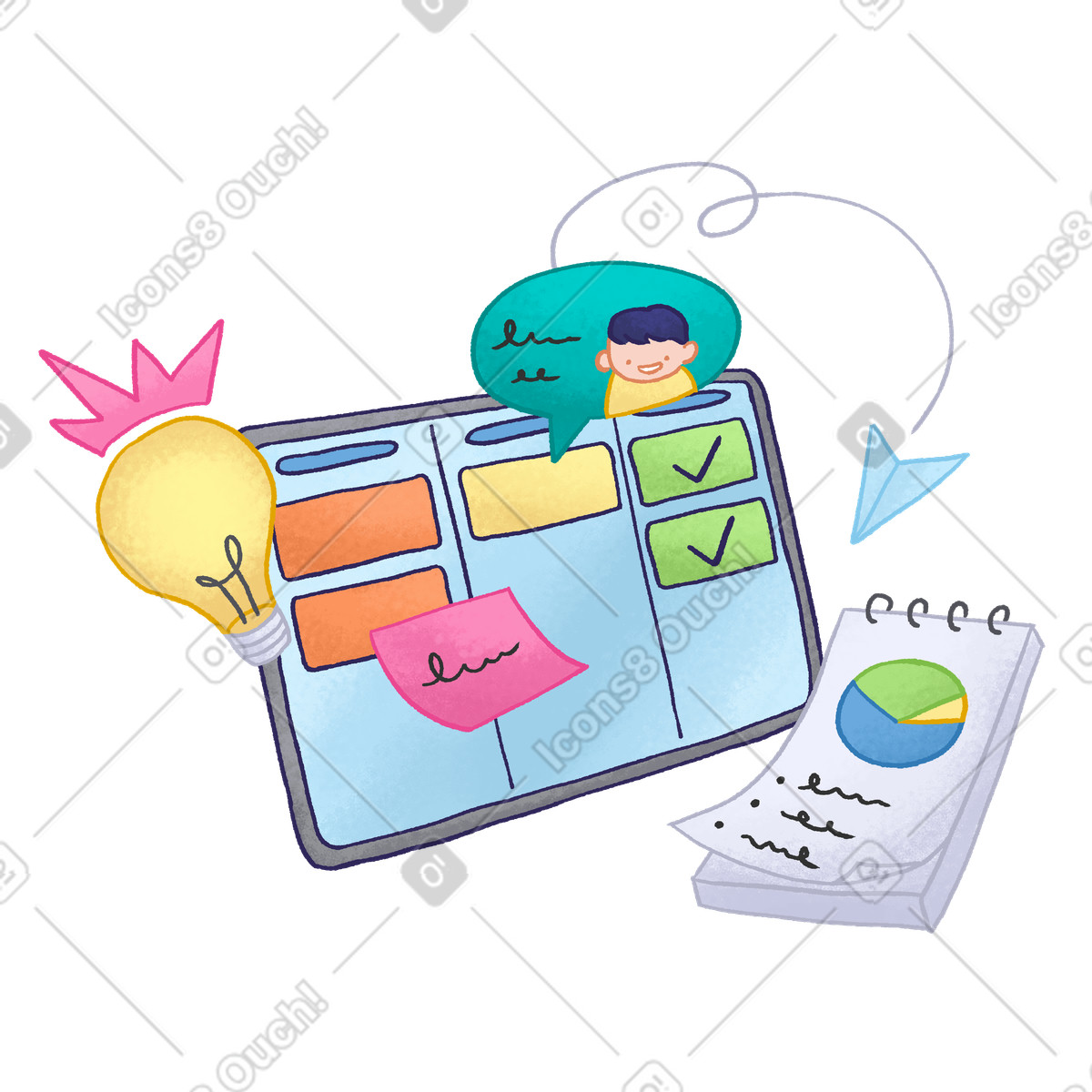 Hue 스타일의 Planning with kanban board and notepad notes 일러스트레이션 PNG, SVG 다운로드