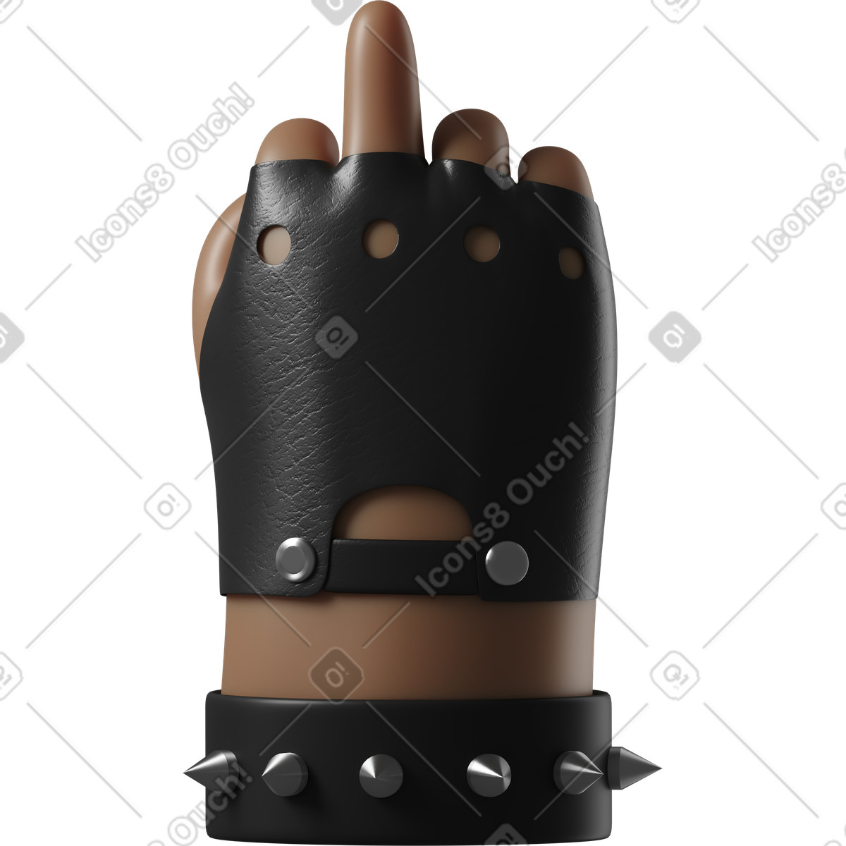 Ilustración Mano de piel marrón oscura rockero en guante cuero que muestra un dedo medio estilo 3D Hands Fun&Wild a descargar PNG y SVG