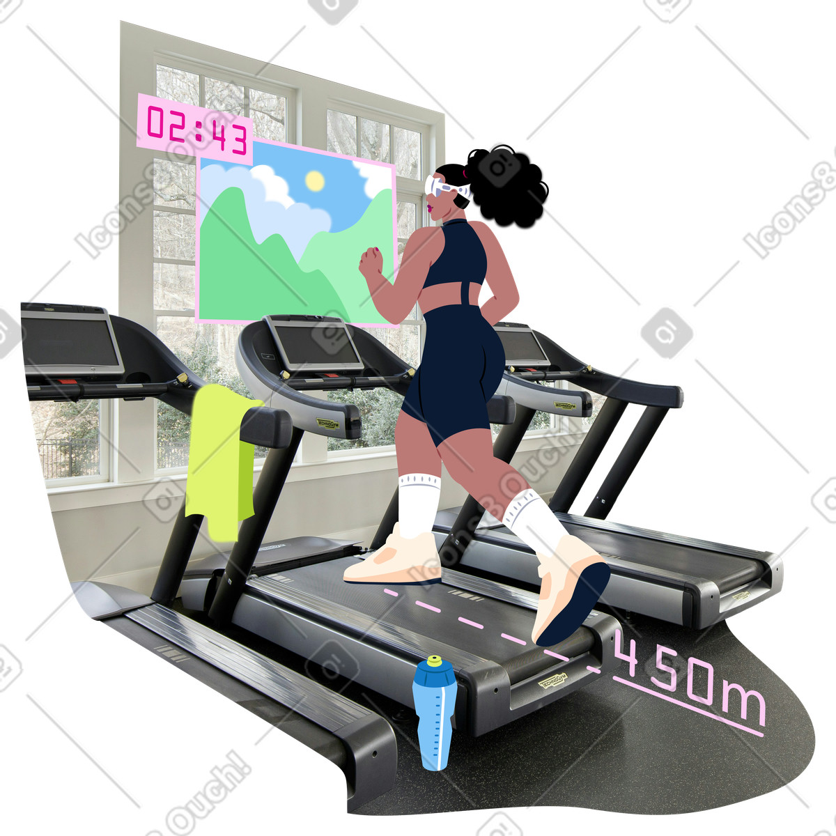 Young woman in vr glasses running on treadmill animated illustration Everyday style download GIF, Lottie (JSON), AE