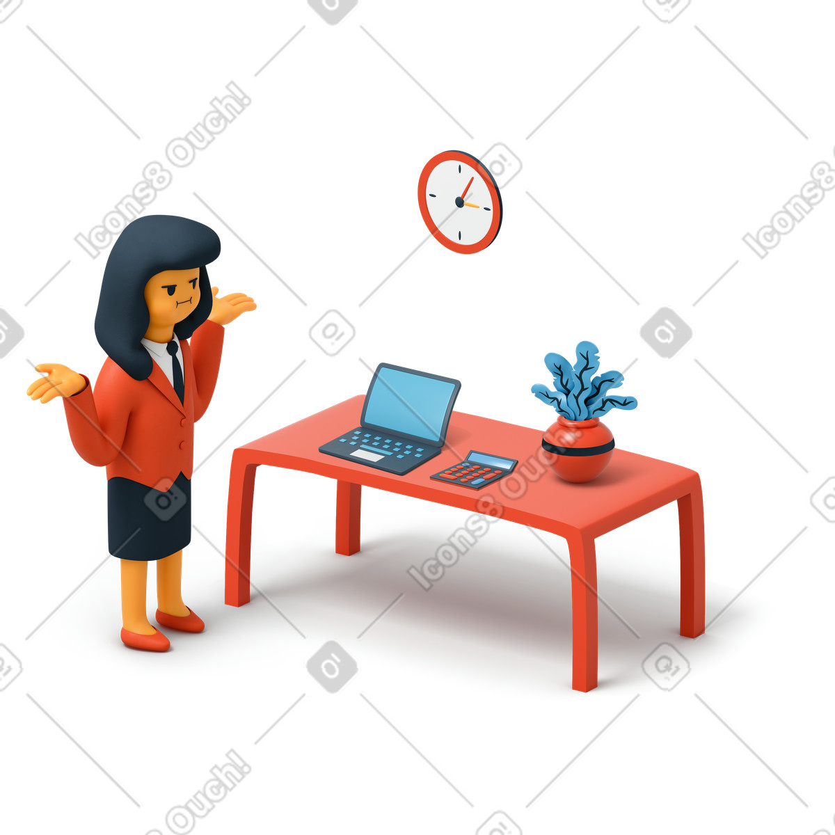 Ilustración Mujer de negocios pie junto a la mesa oficina y levantando las manos en estilo 3D Flame descargar en PNG SVG