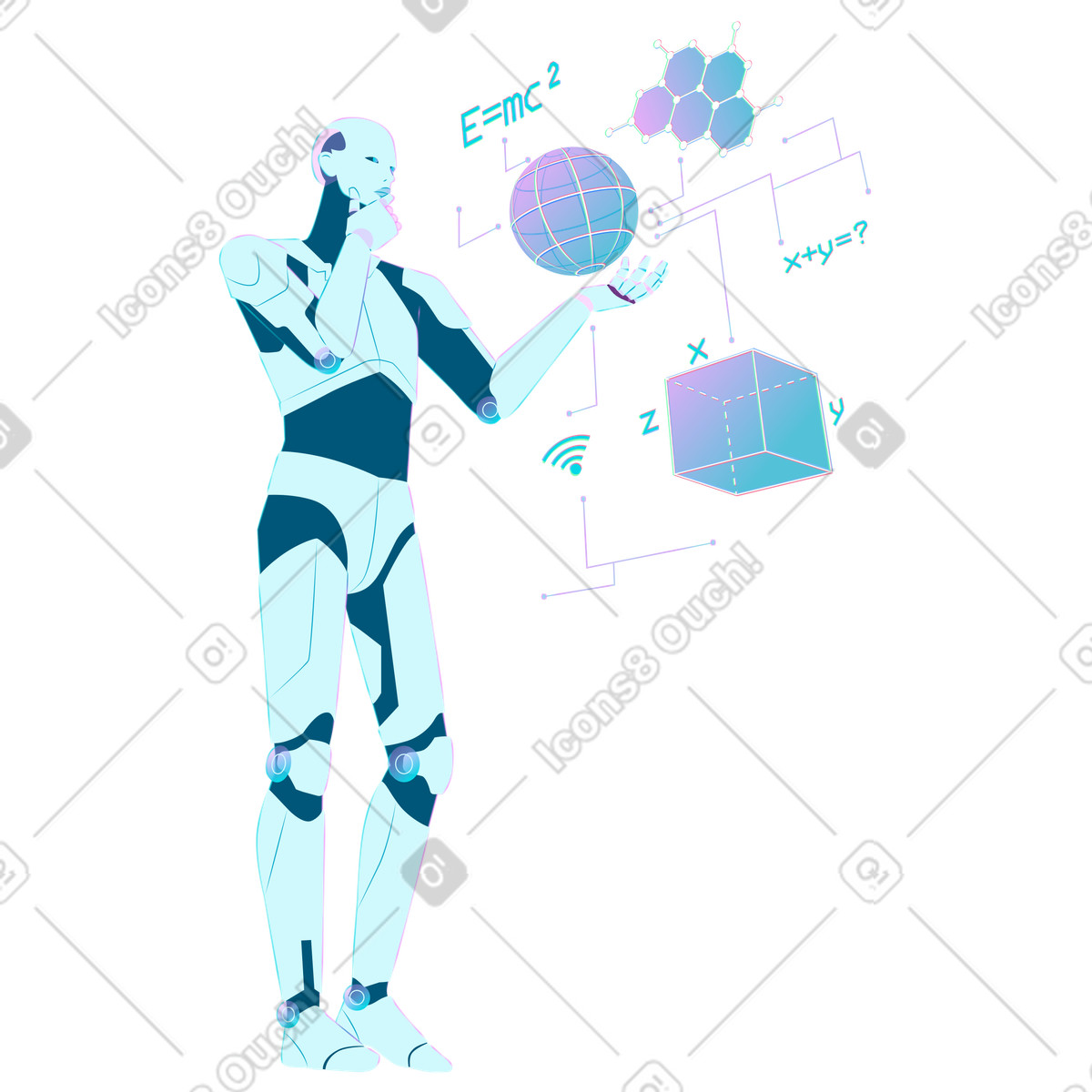 AI robot interacting with digital data nodes, Global artificial intelligence learning and development illustration in Neon style download in PNG, SVG