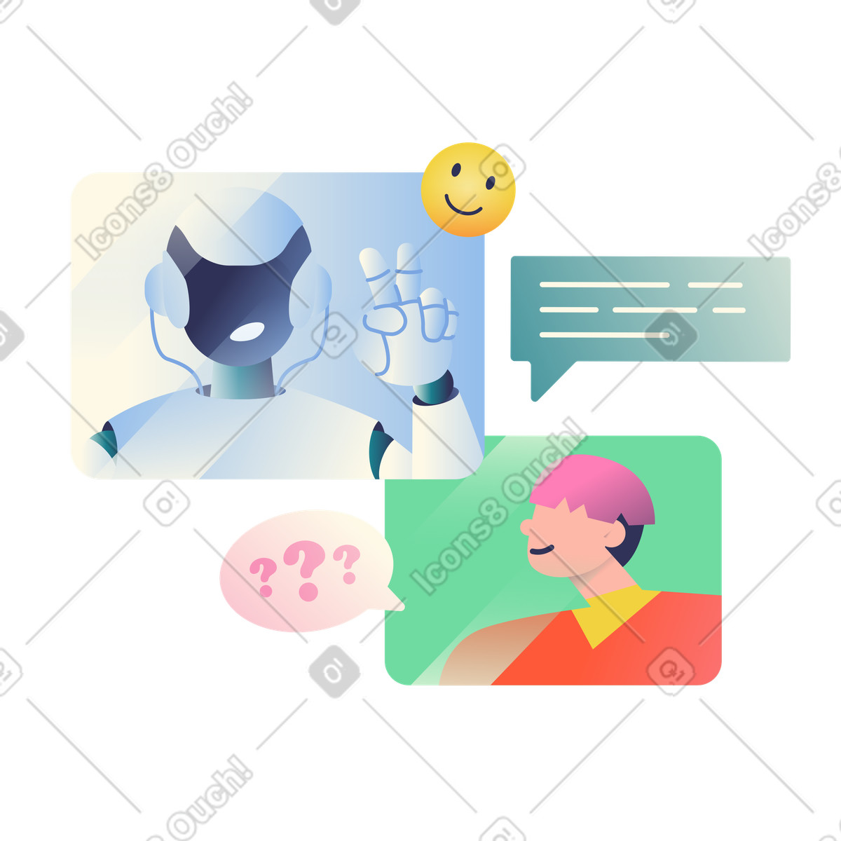 Illustration animée Communication humaine avec un assistant ia, intelligence artificielle dans le support client style Beam à télécharger aux formats GIF, Lottie (JSON), AE