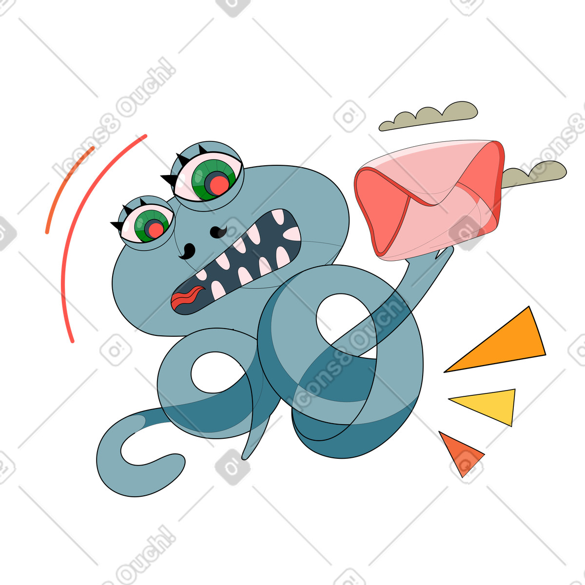 Illustration Monster with big eyes holding envelope, New message received dans le style Surr à télécharger aux formats PNG, SVG