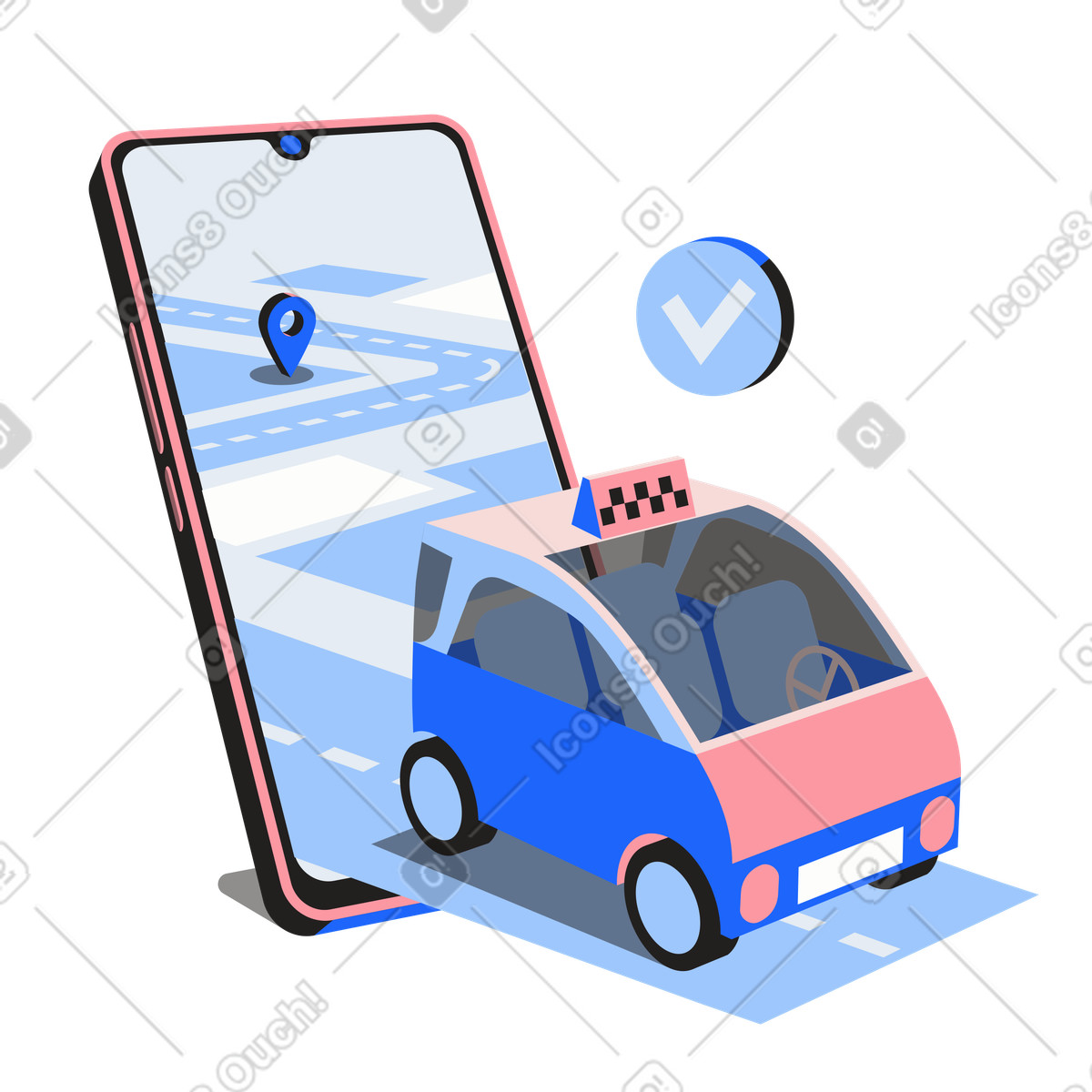Illustration animée Taxi et smartphone avec code pin, service de numérique réservation courses, commande application mobile dans le style Editorial à télécharger aux formats GIF, Lottie (JSON), AE