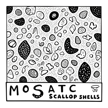 A wall covered with a mosaic created from various scallop shells arranged meticulously. Each shell displays unique textures and patterns, contributing to the overall design. The shells are set against a textured background that highlights their shapes. Some shells are larger, while others are smaller, with intricate details visible. The composition features a harmonious blend of the scallops' natural forms, creating a visually engaging display. The words "Mosaic of Scallop Shells" are integrated into the design at the bottom of the wall.