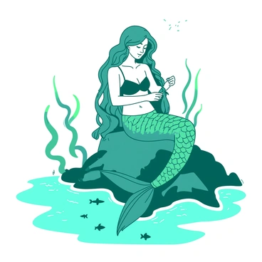 A teal mermaid with shimmering scales is seated on a rocky outcrop, braiding her long flowing hair. She intertwines strands of green kelp into her hair as she focuses intently on her task. The ocean waves gently lap against the rocks, and small fish dart in the clear water nearby. Sunlight filters through the water, illuminating her and creating a magical atmosphere around her.