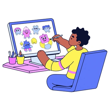 An artist sits in front of a digital screen, focused on creating animated character designs. The screen displays a colorful array of character sketches, showcasing various poses and expressions. The artist uses a stylus to add details to a whimsical character with large eyes and a playful smile. Surrounding the artist are art supplies, including colored markers and sketchbooks. A cozy and organized workspace enhances the scene.