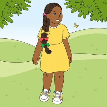 A young girl with light brown skin and bright blue eyes is standing in a grassy field. Her long, thick hair is styled in a single braid that spirals down to the ground, resembling a ladder. The braid is adorned with colorful ribbons tied at various intervals. She is wearing a cheerful yellow dress with short sleeves and white sneakers. Sunlight filters through the trees, casting playful shadows around her, and a few butterflies flutter nearby, adding to the lively atmosphere.
