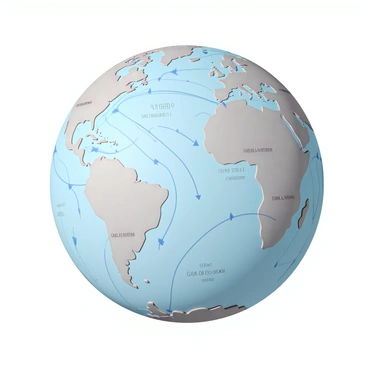 A detailed map of the Northern Hemisphere, prominently displaying the effects of the Coriolis effect on wind and ocean currents. The map features a clear background with labeled wind patterns, such as trade winds and westerlies, illustrated in curved arrows indicating their directions. Ocean currents are represented with flowing lines in various shades of blue, depicting warm and cold currents like the Gulf Stream and the California Current. The Earth's continents are accurately outlined, providing context to the currents and winds, with geographic markers indicating key locations. The overall presentation is scientifically informative, with a focus on visual clarity and geographic accuracy.