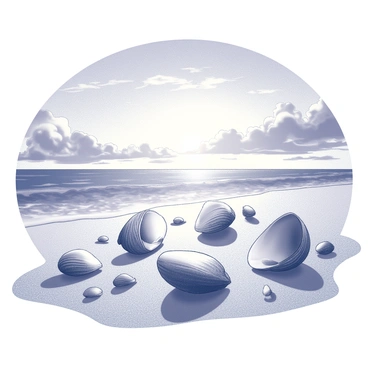 Clams scattered on a sandy beach. The clams vary in size and shape, some partially buried in the fine sand, while others are open, revealing their interiors. The beach features gentle undulations in the sand, with small ripples created by the tide. In the background, the sky is filled with intricate cloud formations, appearing dramatic against the vibrant sunset. The light from the setting sun casts long shadows on the sand, highlighting the textures of both the clams and the beach. "Vibrant sunset sky" is visible above, enhancing the overall scene.