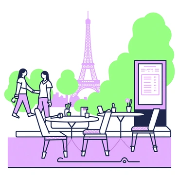 A street-side bistro in Paris featuring small round tables arranged on the pavement. Each table is adorned with a folded napkin and a small vase with a single flower. There are a few chairs pulled close to the tables, inviting patrons to sit. In the background, the Eiffel Tower rises prominently against the skyline, partially framed by nearby trees. A couple of pedestrians can be seen strolling by, adding a lively atmosphere to the scene. A menu board stands near the entrance of the bistro, displaying various dishes.