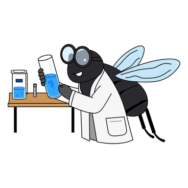 A cartoon fly with big round glasses perched on its eyes. The fly has a shiny black body with delicate wings that are semi-transparent. It is wearing a white lab coat that fits snugly around its small body, complete with tiny pockets. The fly is holding a tiny glass test tube filled with a bright blue liquid, closely examining it with a focused expression. In the background, there is a small laboratory table with a few more test tubes and a mini microscope. The setting is brightly lit, enhancing the playful atmosphere of the scene.