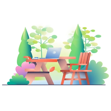 An outdoor workspace setup features a wooden picnic table in the center. On the table, there is a silver laptop open and a notepad with a blue pen resting beside it. Surrounding the picnic table is lush greenery, including tall trees with green leaves and vibrant bushes. The sunlight filters through the branches, casting dappled shadows on the table's surface. A comfortable wooden chair is positioned at the table, inviting someone to sit and work in this natural environment.