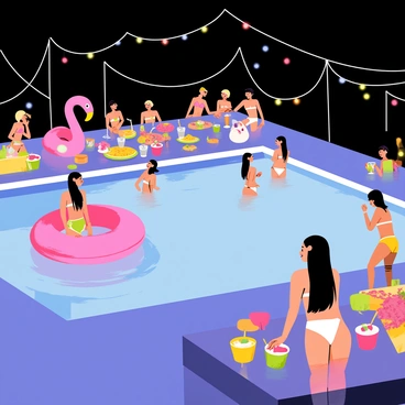 A night-time pool party featuring a large, rectangular swimming pool illuminated by various colorful lights. The surface of the water reflects vibrant shades of pink, blue, and green from the lights surrounding the area. There are several inflatable floats in the pool, including a flamingo and a unicorn. Alongside the pool, a table is set with an array of snacks and drinks, including brightly colored cocktails in glasses. People dressed in swimwear are laughing and playing games, creating a lively atmosphere. In the background, fairy lights are strung up on nearby trees, adding to the festive ambiance.