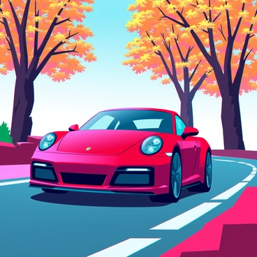 A sleek Porsche 911 with a shiny red exterior is driving along a winding road. The road is bordered by tall trees adorned with vibrant autumn leaves in shades of orange, yellow, and red. Sunlight filters through the branches, casting dappled patterns on the asphalt. The car is in motion, with a slight blur effect, capturing the sense of speed. In the background, a clear blue sky complements the warm colors of the foliage.