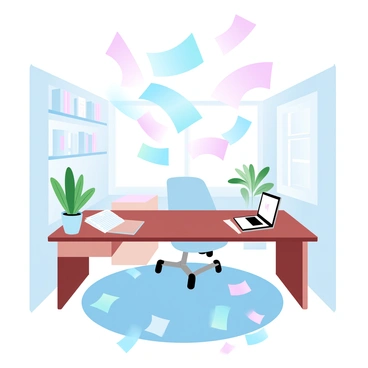 A stack of assorted paper money is seen fluttering down from above in an office environment. The office is furnished with a wooden desk cluttered with paperwork and a laptop. A potted plant sits on the corner of the desk, adding a touch of greenery. The walls are lined with shelves filled with books and small decorative items. The floor is covered with a modern rug, and scattered bills are visible on the desk and floor beneath the falling money. Light streams in from a window, creating a soft glow that enhances the colorful notes.