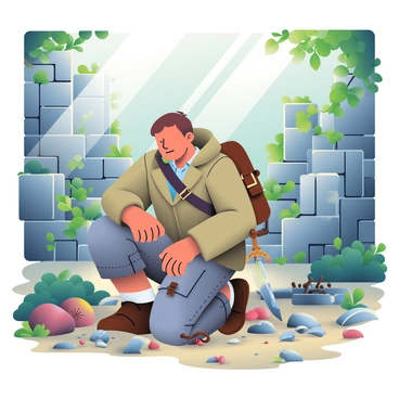 An explorer with tanned skin and short brown hair is kneeling among the cobblestone ruins of an ancient civilization. He is wearing a rugged, khaki jacket and cargo pants, and he has a brown leather satchel beside him. The explorer is intently examining a rusty sword that lies partially buried in the earth, its hilt decorated with intricate designs. Surrounding him are crumbling stone structures covered in moss and vines, with fragments of pottery and ancient artifacts scattered across the ground. Sunlight filters through gaps in the overhanging trees, casting dappled shadows on the scene.