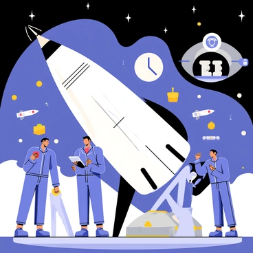 A group of engineers in blue jumpsuits is gathered around a large white space shuttle on a launch pad at a cosmic base. The space shuttle has a sleek design with prominent fins and a shiny exterior. Bright lights illuminate the scene, casting reflections on the shuttle's surface. The engineers are holding tools and discussing their plans while one of them is checking data on a tablet. In the background, other spacecraft and a star-filled sky are visible, adding to the excitement of the launch preparations. A large countdown clock is prominently displayed, indicating the time remaining until launch.