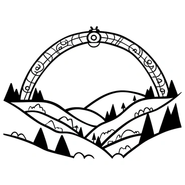 A black-and-white illustration of a "rainbow bridge" arching gracefully over a deep "valley." Each segment of the bridge is distinctly labeled with symbols representing the "chakras." Below the bridge, the valley is depicted with intricate patterns of hills and trees, emphasizing the depth and curves of the land. A soft mist rises from the valley floor, creating a sense of tranquility underneath the bridge.