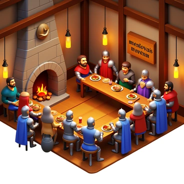 A medieval tavern interior bustling with activity. Several knights in armor are seated at wooden tables, sharing hearty meals. Adventurers with varied outfits, some wearing cloaks and others in leather armor, are gathered around, laughing and engaging in animated conversations. A large fireplace at one end provides warm light, with flames flickering and a pot of stew hanging above it. Wooden beams support the ceiling, and hanging lanterns cast a cozy glow throughout the room. A bard plays a lute in the corner, adding to the lively atmosphere. "Medieval tavern" is carved into a wooden sign hanging above the entrance.