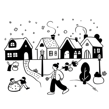 A Shugao figure wearing traditional attire is strolling along a path in a charming winter village. The village is adorned with quaint houses that have smoke coming from their chimneys, surrounded by fluffy snow on the rooftops. Snowflakes are gently falling from the sky, and trees are blanketed in white. Cobblestone streets lead past decorative lampposts, casting soft light in contrast to the snow. There are small groups of villagers engaged in winter activities, such as building a snowman and having a snowball fight, adding life to the scene.
