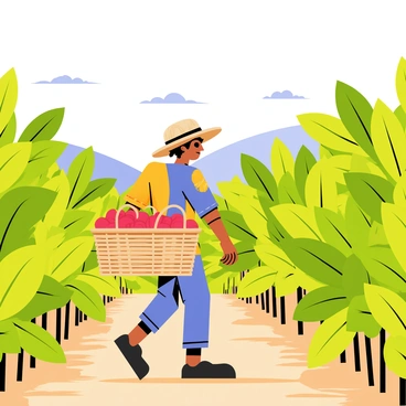 A worker carrying a basket of coffee cherries in a lush plantation